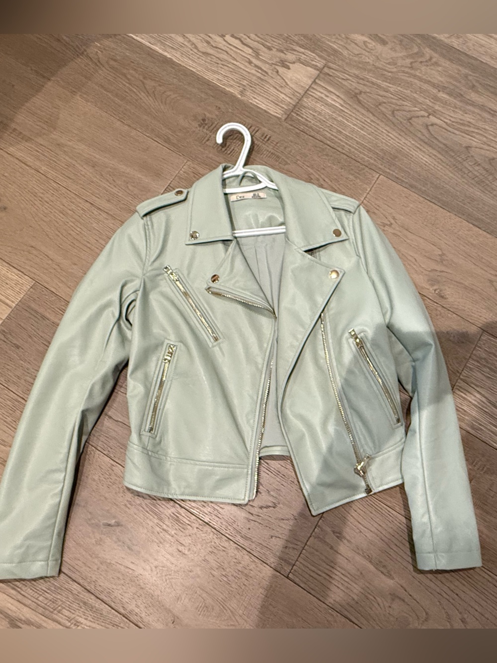 Dex Cropped Mint Moto Jacket with Gold Hardware
